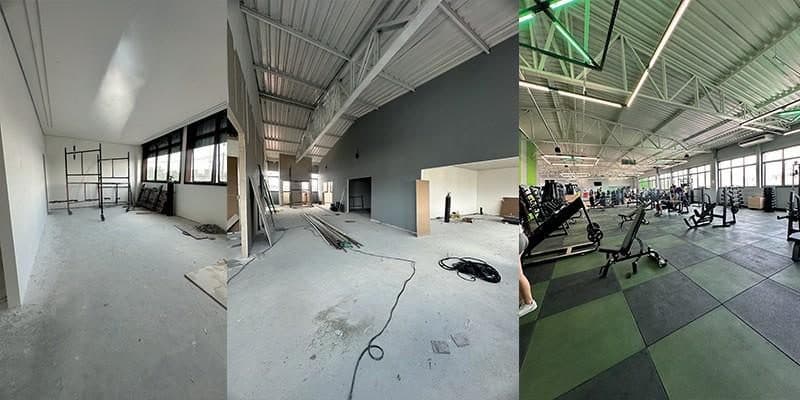 Obra Motion Fit Osasco executada pela Construtora DRC: antes, durante e depois, da reforma à entrega.
